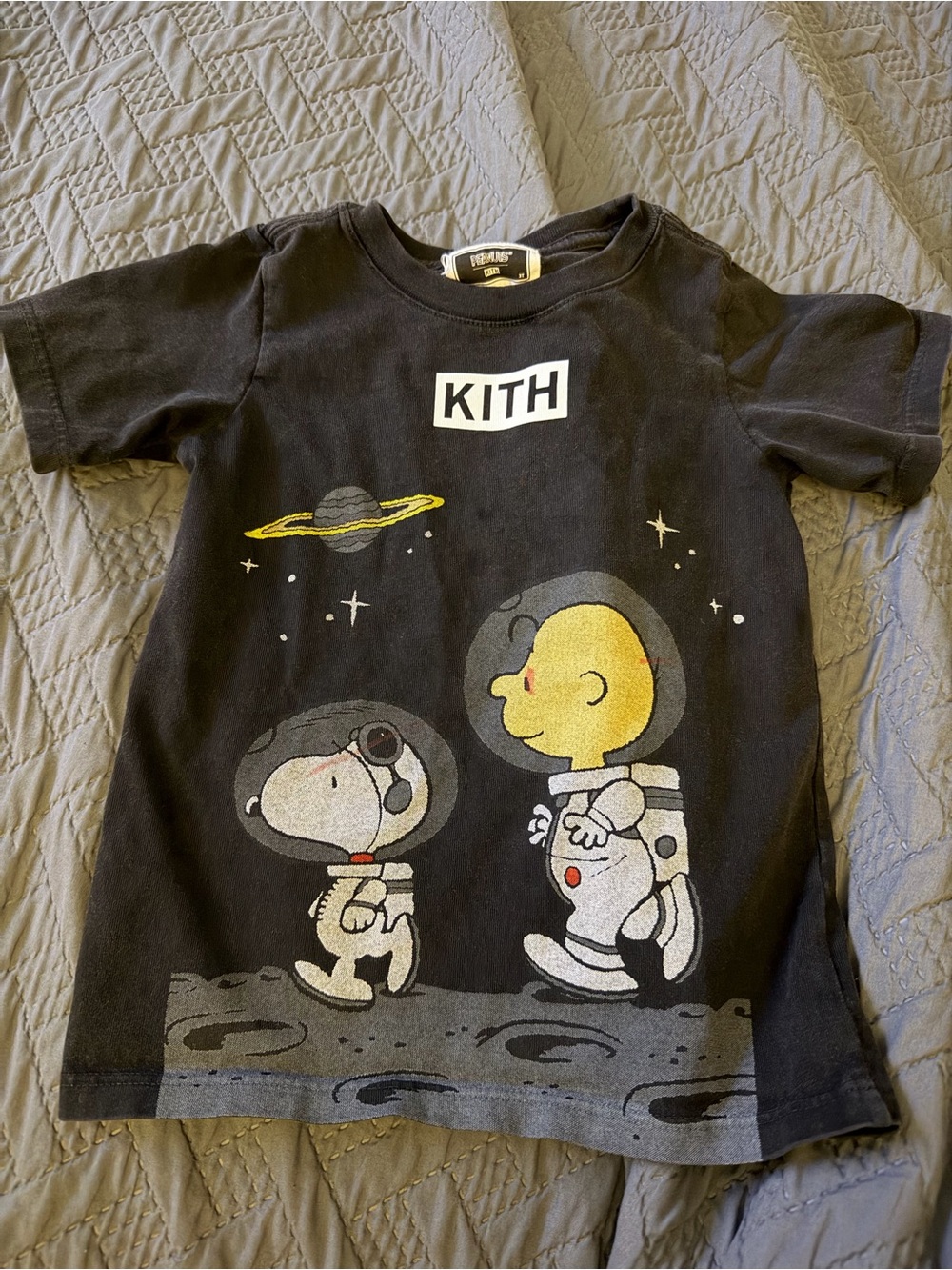 Kith Black Kids Peanuts Space Graphic Tee with Yellow Accents